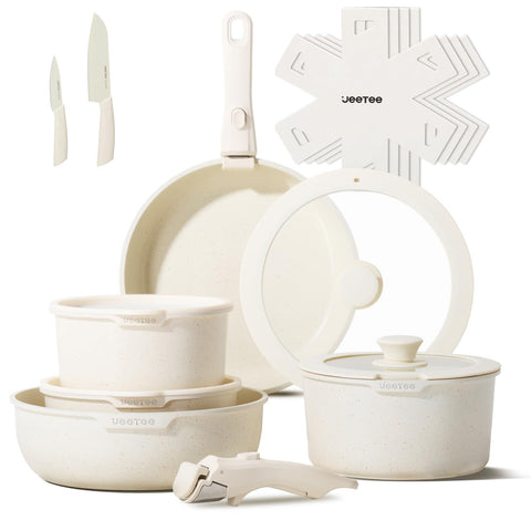 JEETEE 17pc nonstick pots and pans set in beige finish.