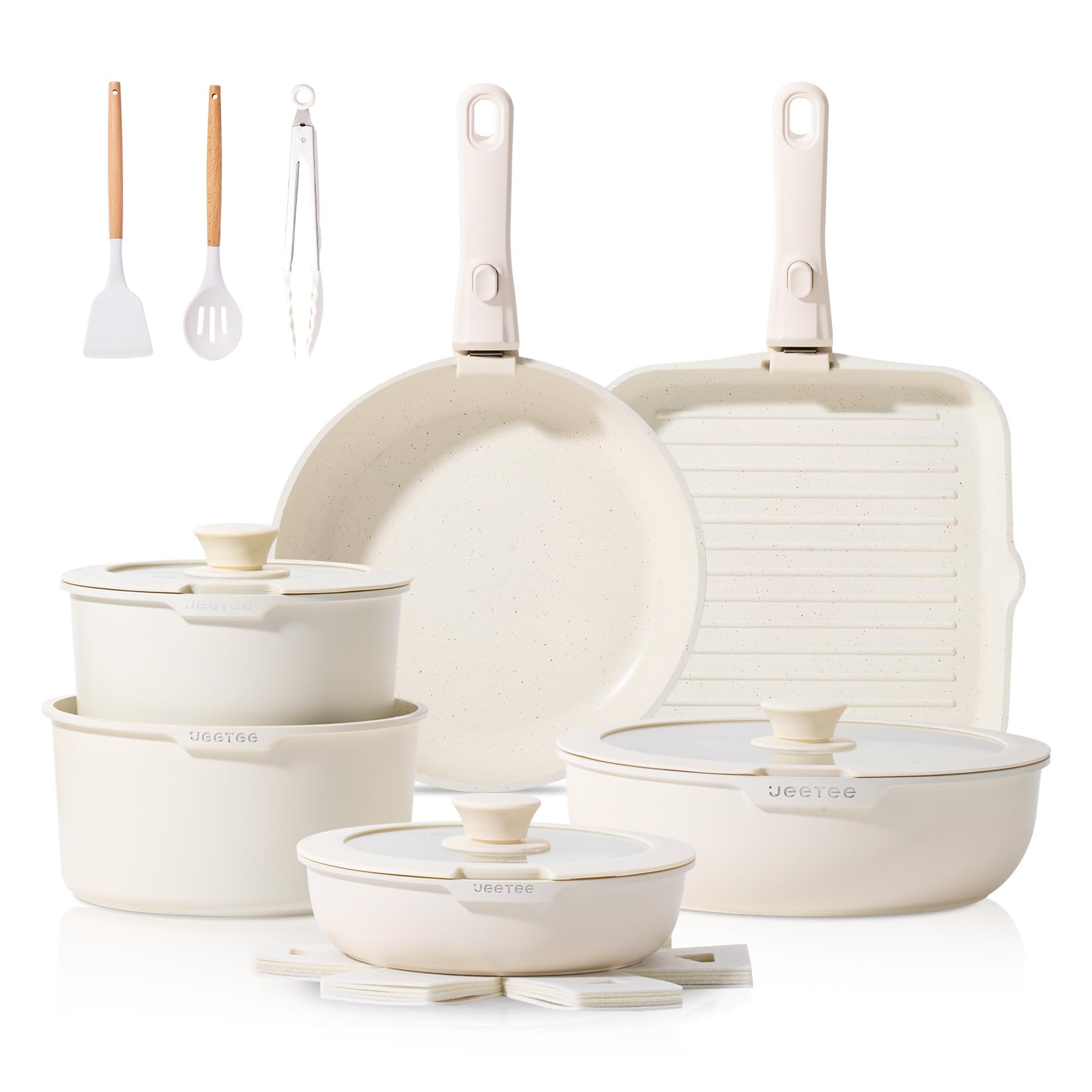 JEETEE 25-piece pots and pans with detachable handles for flexible use