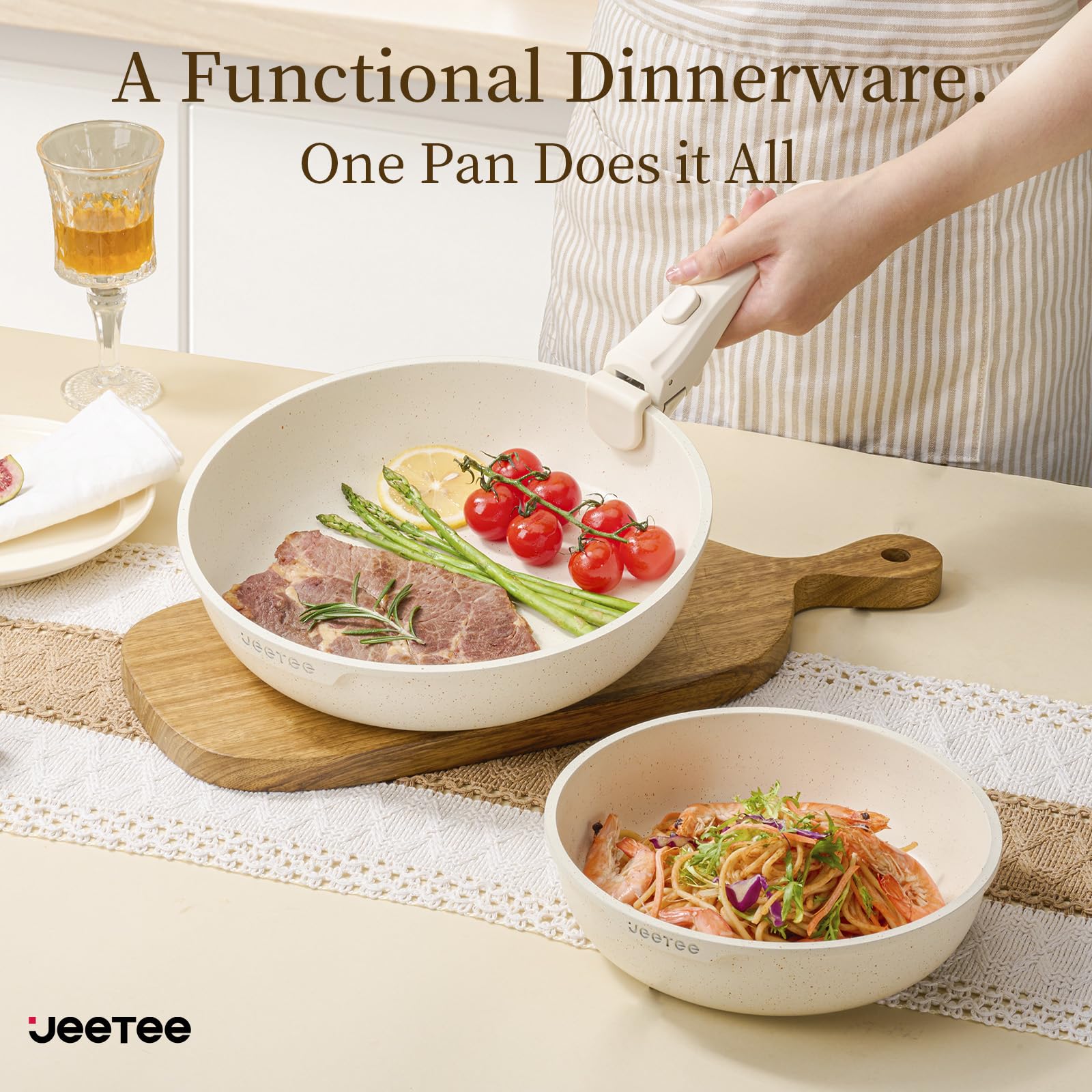 Glass lids provide clear visibility during cooking.