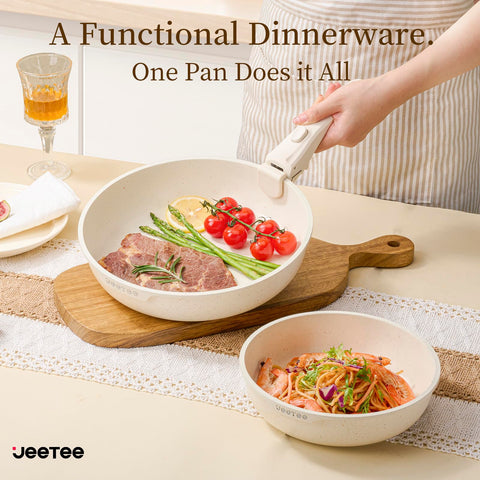 Glass lids provide clear visibility during cooking.