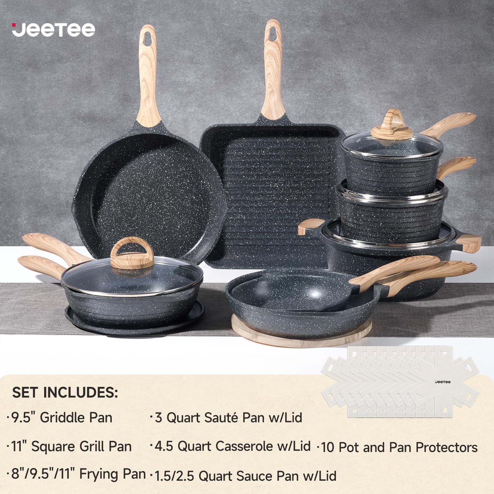 JEETEE gray frying pans on stove showing quick, even heating with less oil