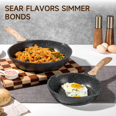 Reinforced aluminum core delivers even heat in JEETEE frying pan.