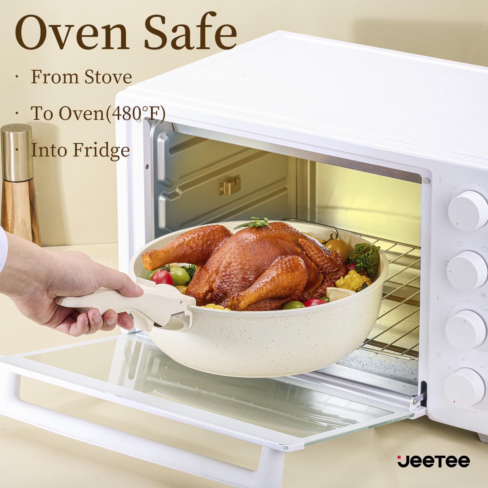 Oven-safe cookware up to 480°F for roasting and finishing.