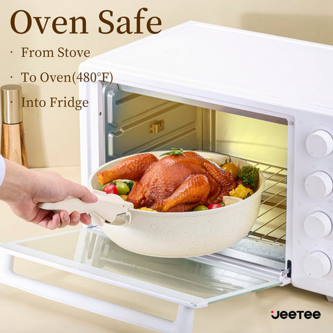 Oven-safe cookware up to 480°F for roasting and finishing.