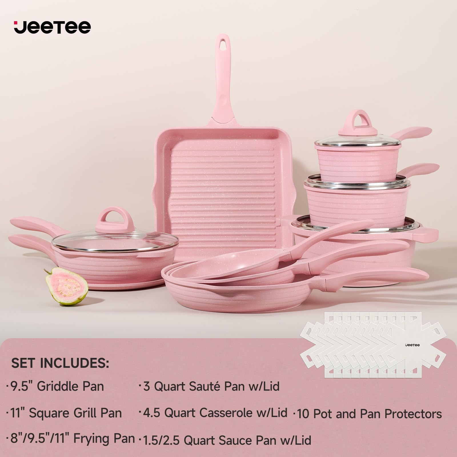 JEETEE pink induction-compatible cookware demonstrates all-stovetop versatility