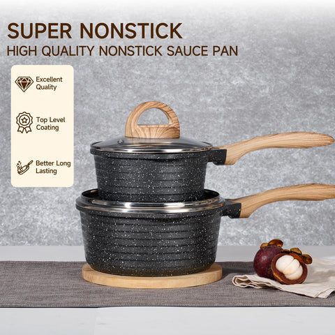JEETEE sauce pan handle closeup, ergonomic wood-grain grip stays cool