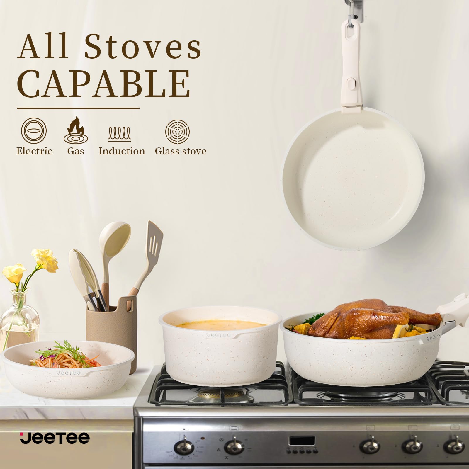 Includes sauce pans, frying pans, and a sauté pan.