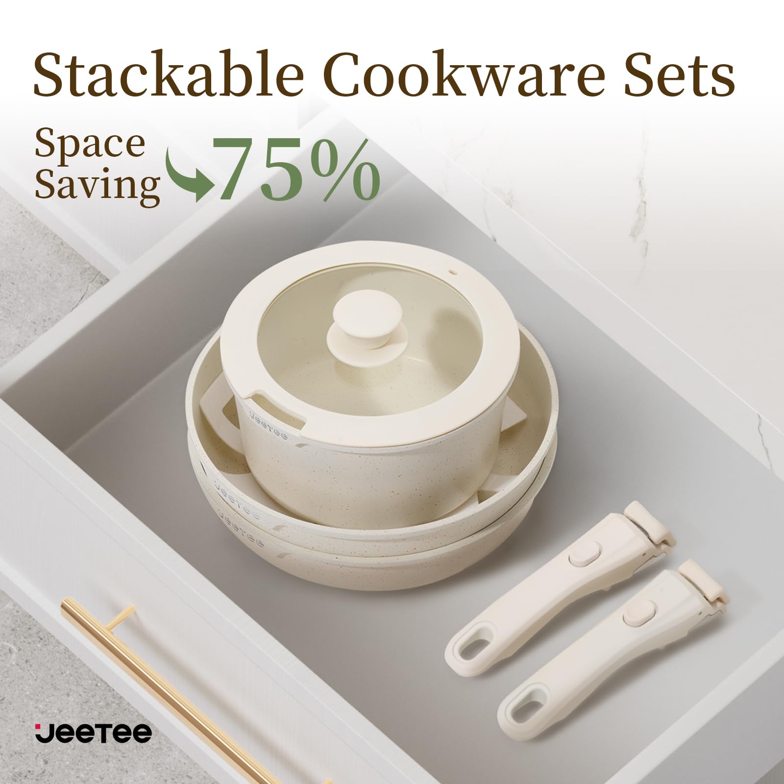 Stackable design saves cabinet space in small kitchens.