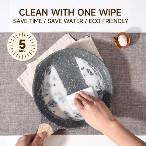 Flat, thick base promotes quick, even heating in JEETEE skillet.
