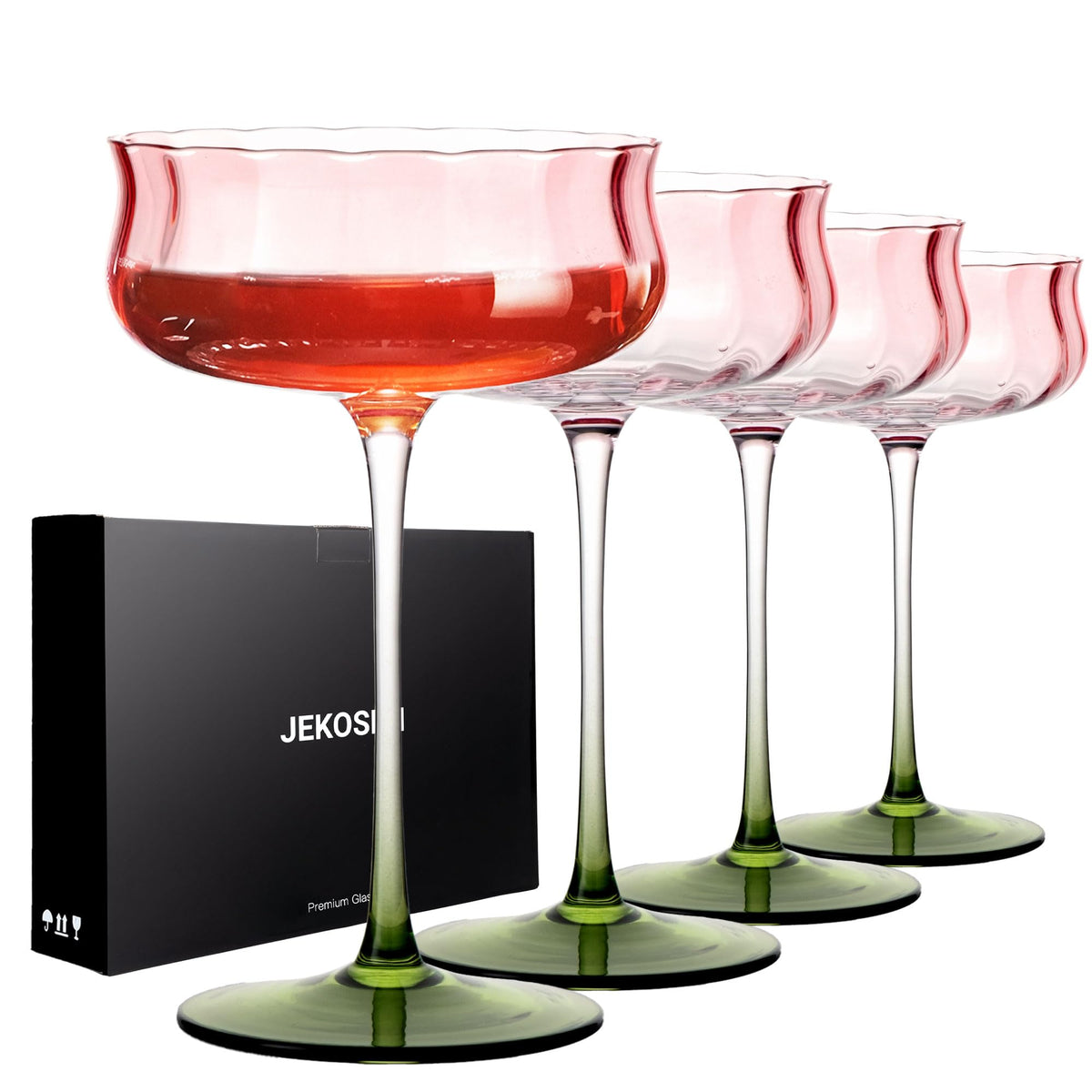 JEKOSEN Tulip Series crystal martini glasses in premium gift box, ideal for celebrations.
