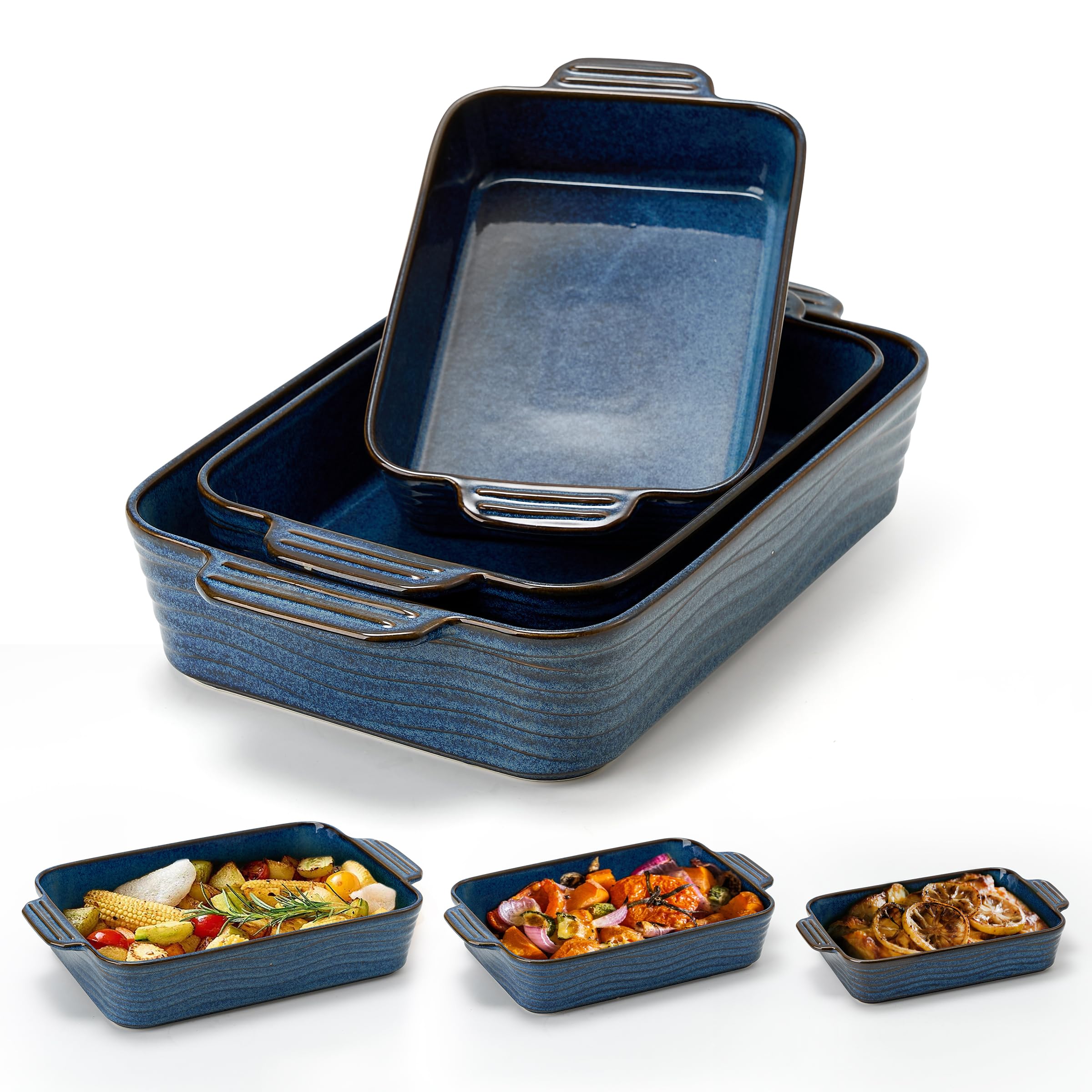 Jemirry blue ceramic baking dish set of three on a counter for family meals