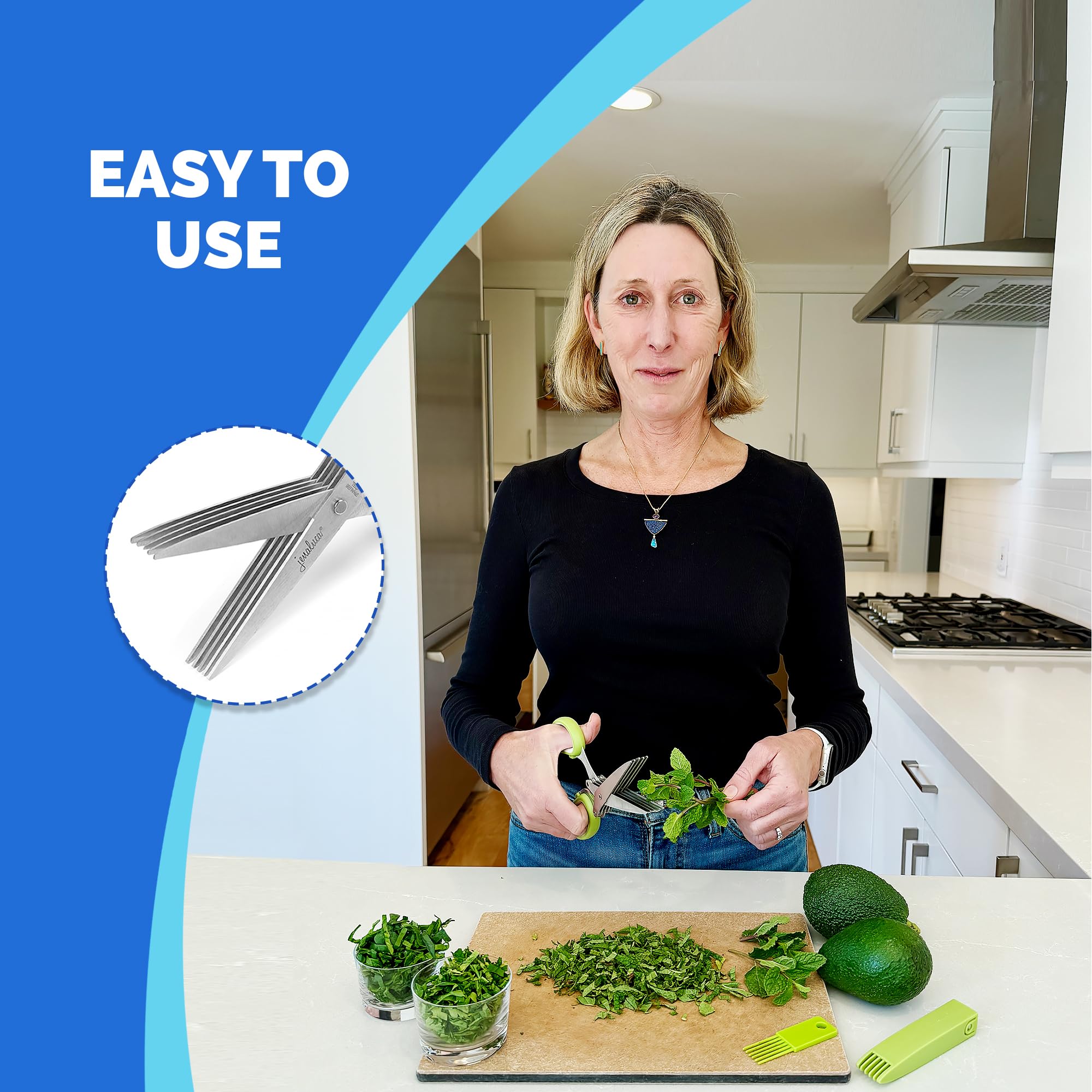 Jenaluca 5 Blade Herb Scissors used for garnish directly onto dishes