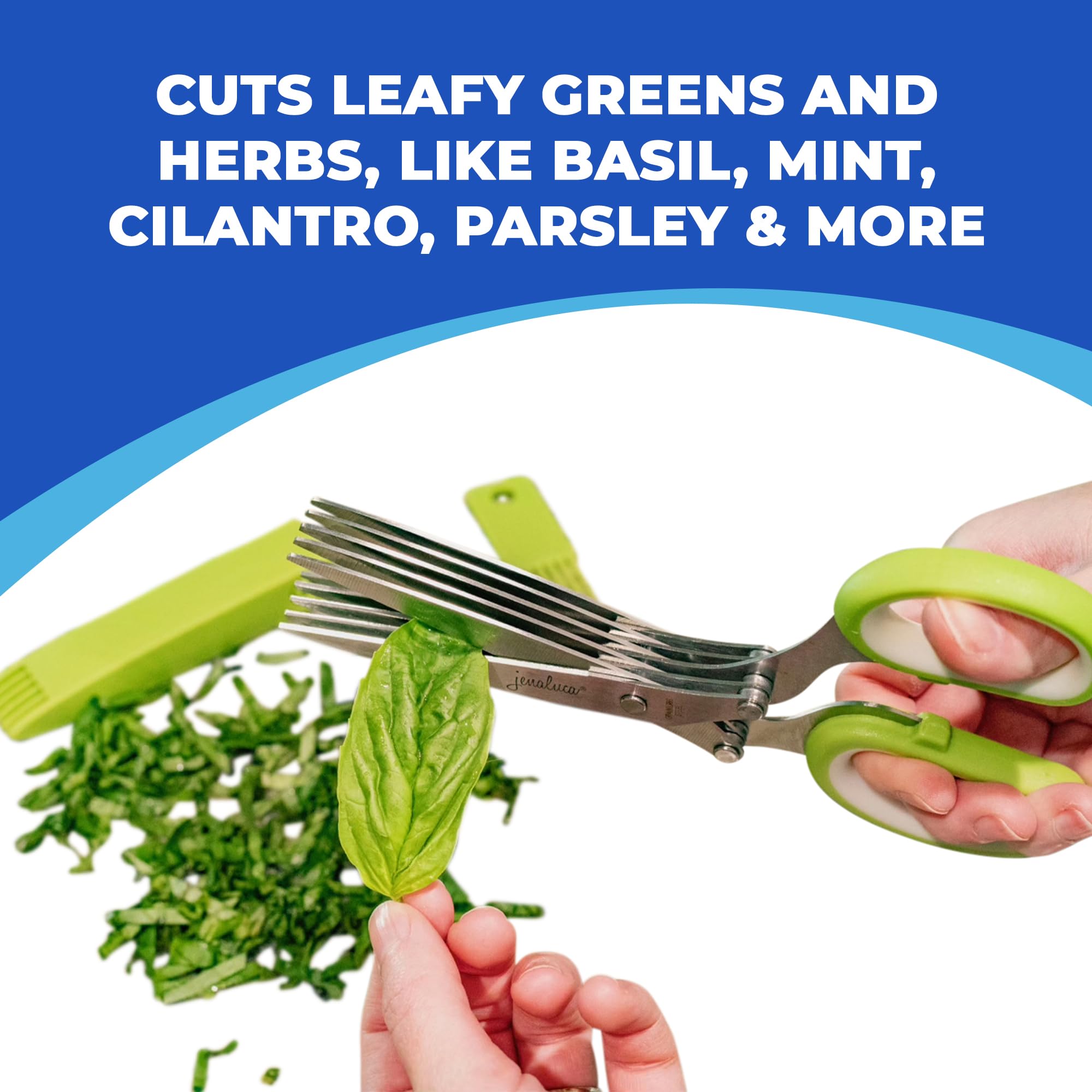 Jenaluca 5 Blade Herb Scissors shown as versatile kitchen shears for prep