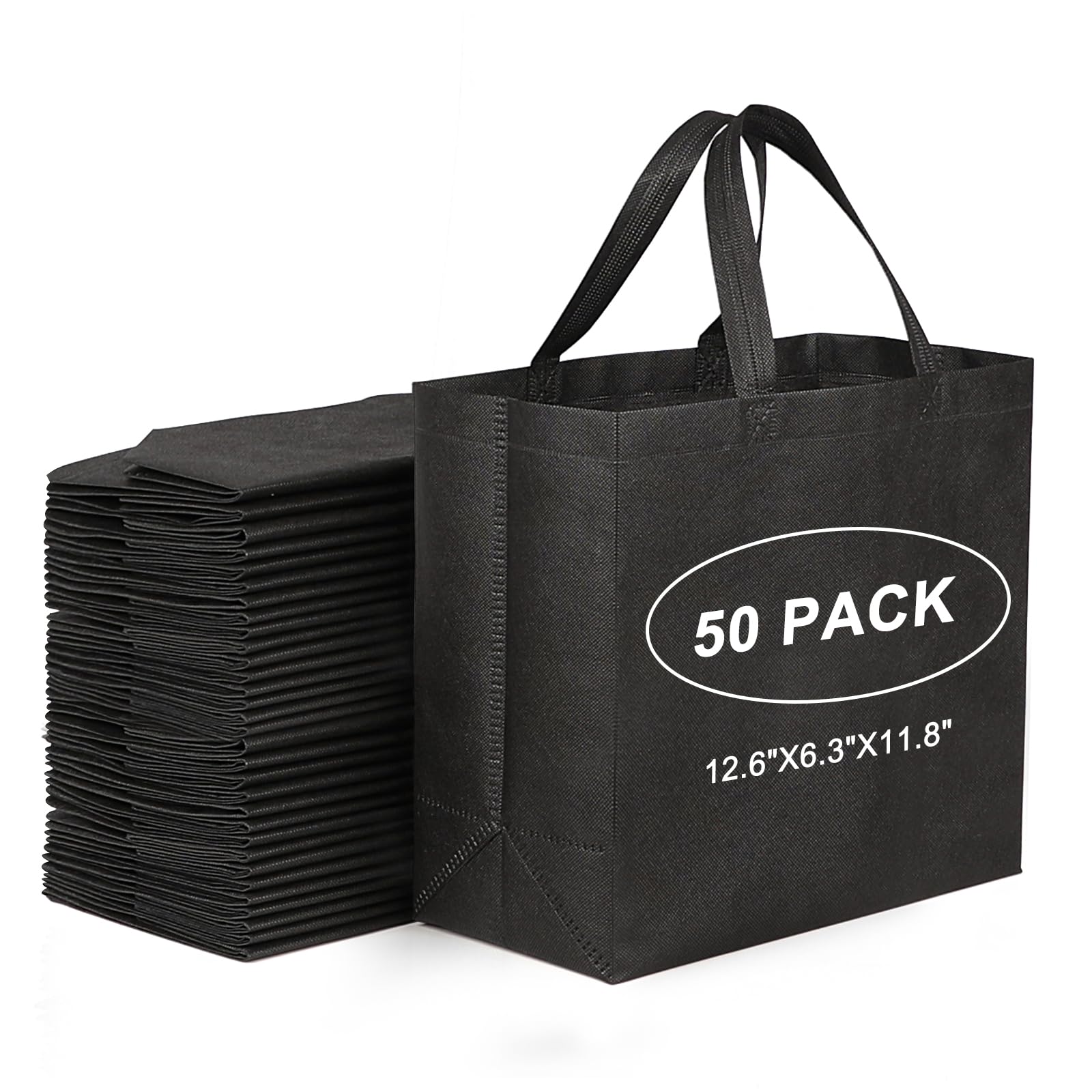 JERIA 50-pack black reusable totes with reinforced handles for daily shopping