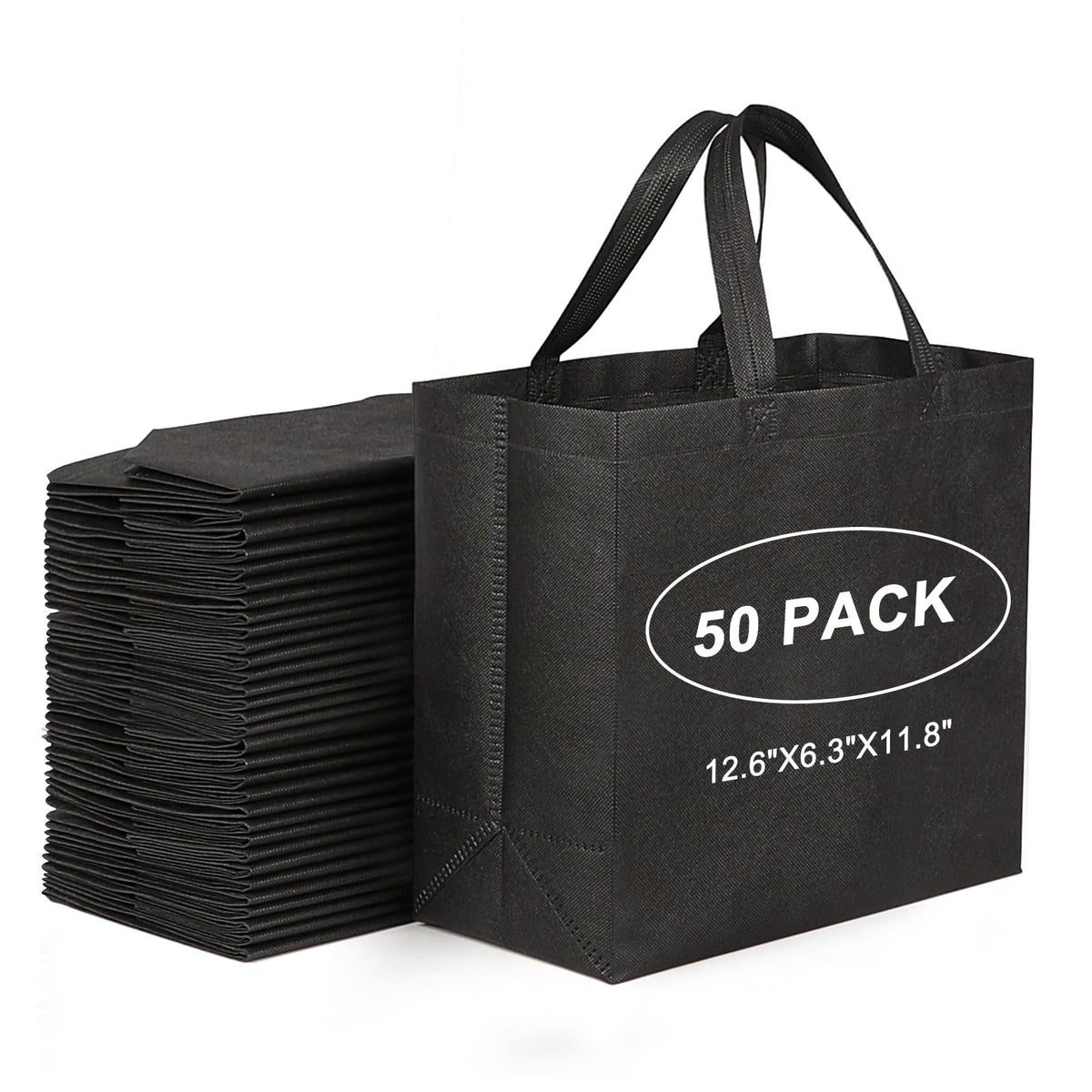 JERIA 50-pack black reusable totes with reinforced handles for daily shopping