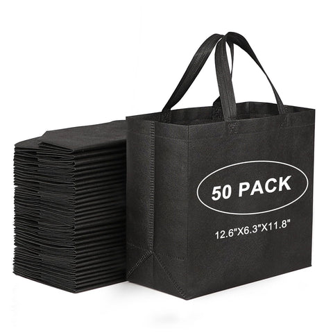 JERIA 50-pack black reusable totes with reinforced handles for daily shopping