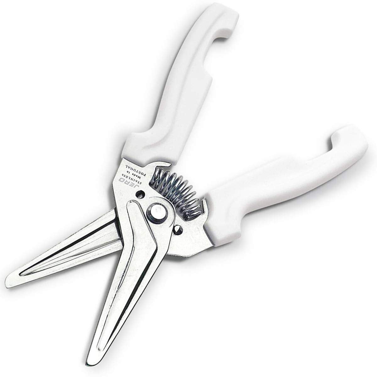 Jero stainless steel kitchen shears with holder on counter for easy storage.