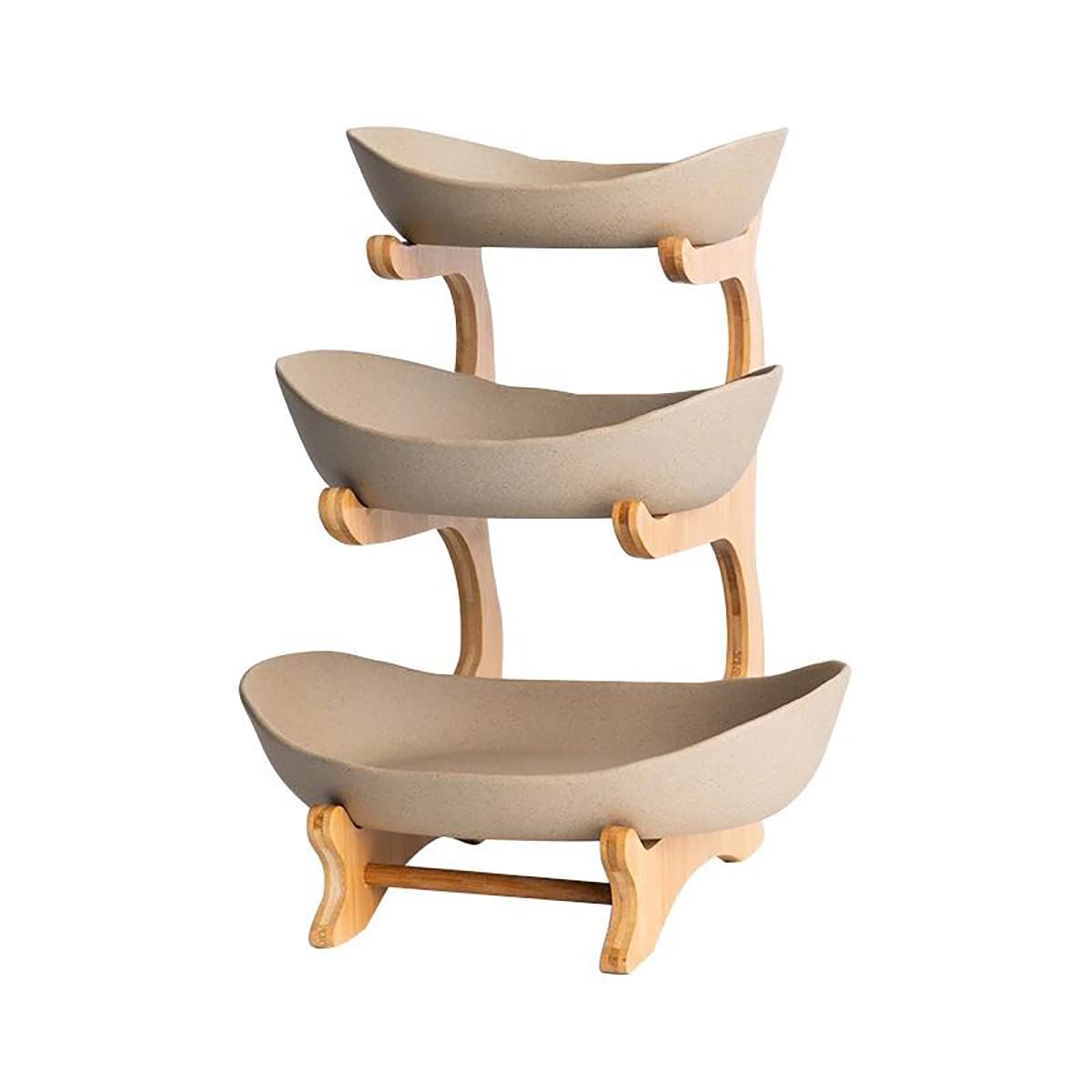 Jessie 3-tier porcelain fruit basket on kitchen counter for easy access.