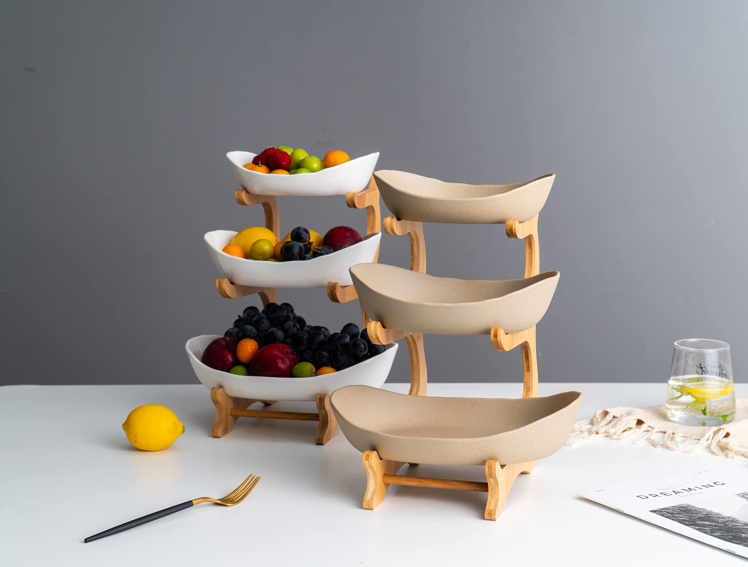 Jessie bamboo shelf with sturdy base supports a neat fruit display.