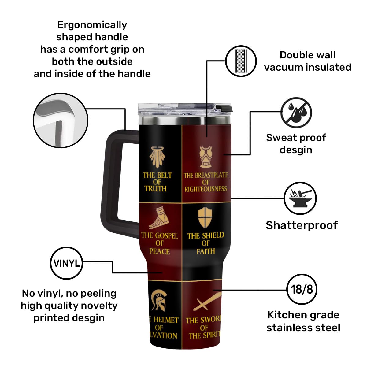Jesuspirit Armor of God tumbler—handle closeup, durable stainless steel built for travel