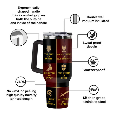 Jesuspirit Armor of God tumbler—handle closeup, durable stainless steel built for travel
