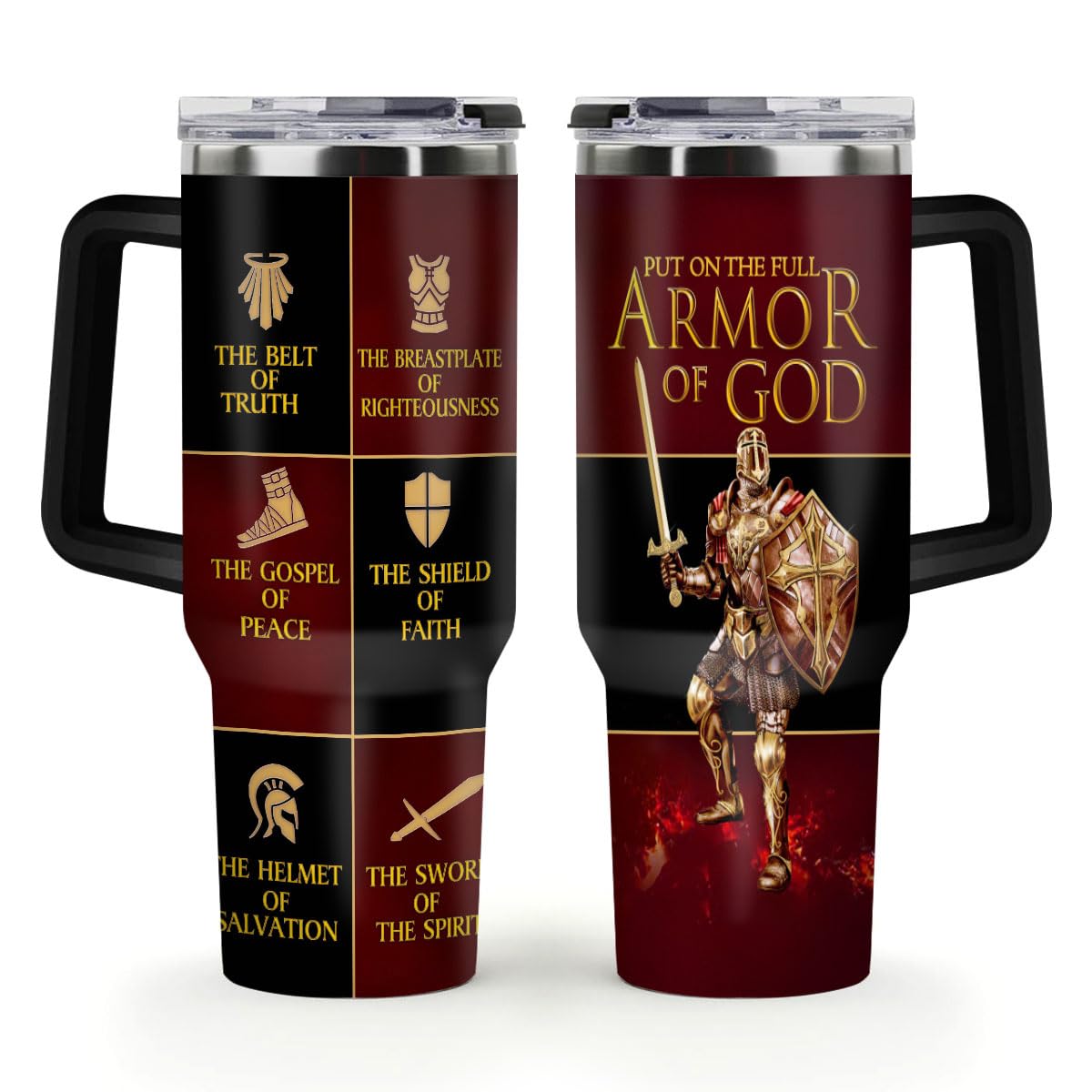 Jesuspirit Armor of God tumbler—side view, rugged stainless finish for daily faith use
