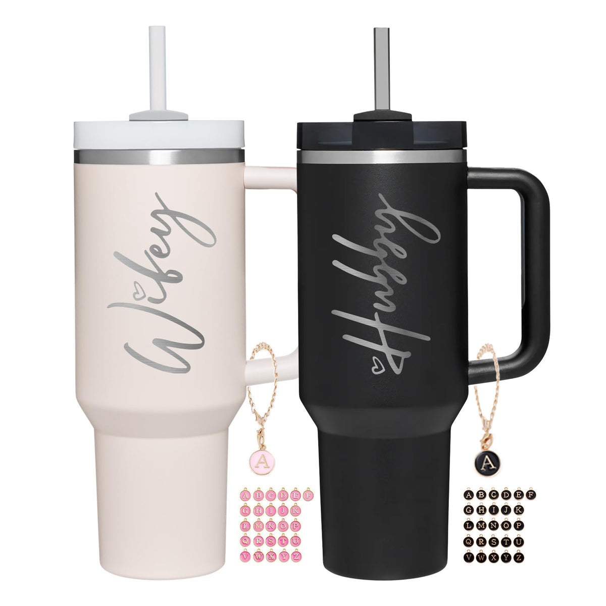 JETIKON Wifey Hubby 40oz tumbler with handle for easy gripping.