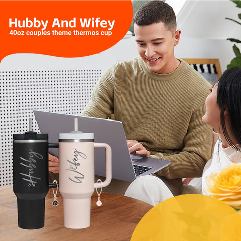 JETIKON Wifey Hubby 40oz tumbler with letter charms for personalization.