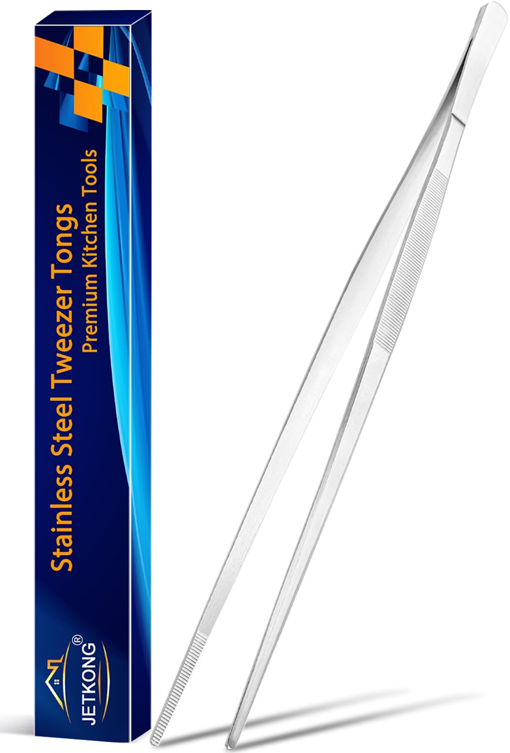 JETKONG 16-inch cooking tweezers tip close-up showing precise gripping.