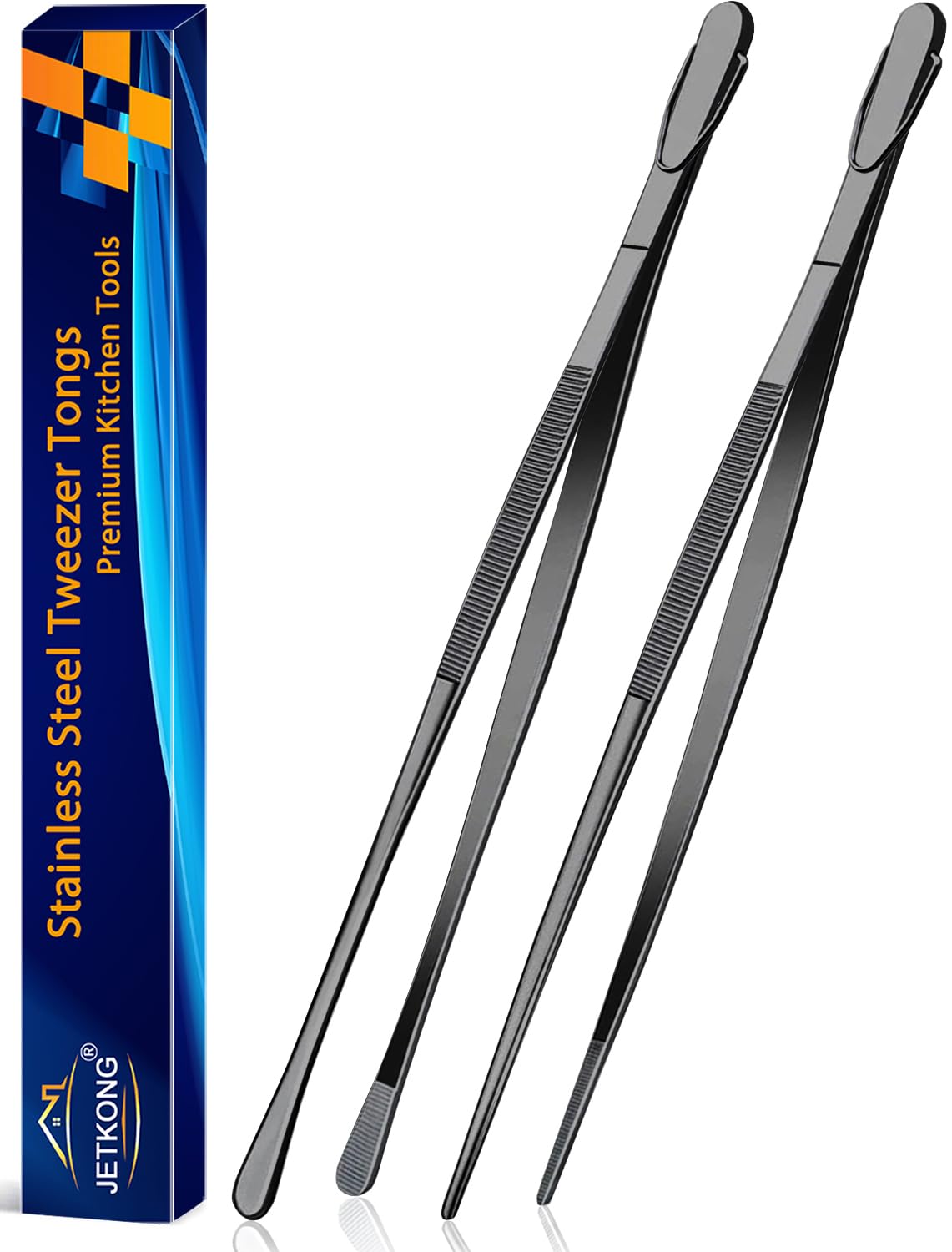 JETKONG 2pc 14in kitchen tweezers in black for sturdy food handling.