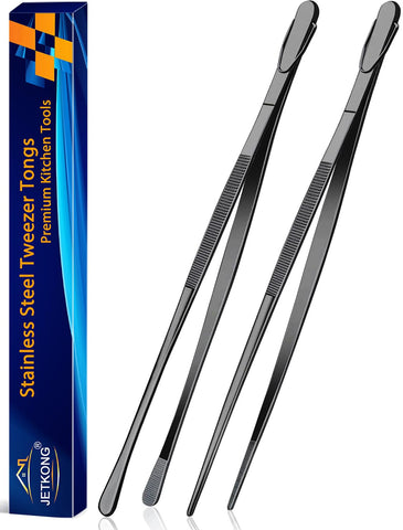 JETKONG 2pc 14in kitchen tweezers in black for sturdy food handling.