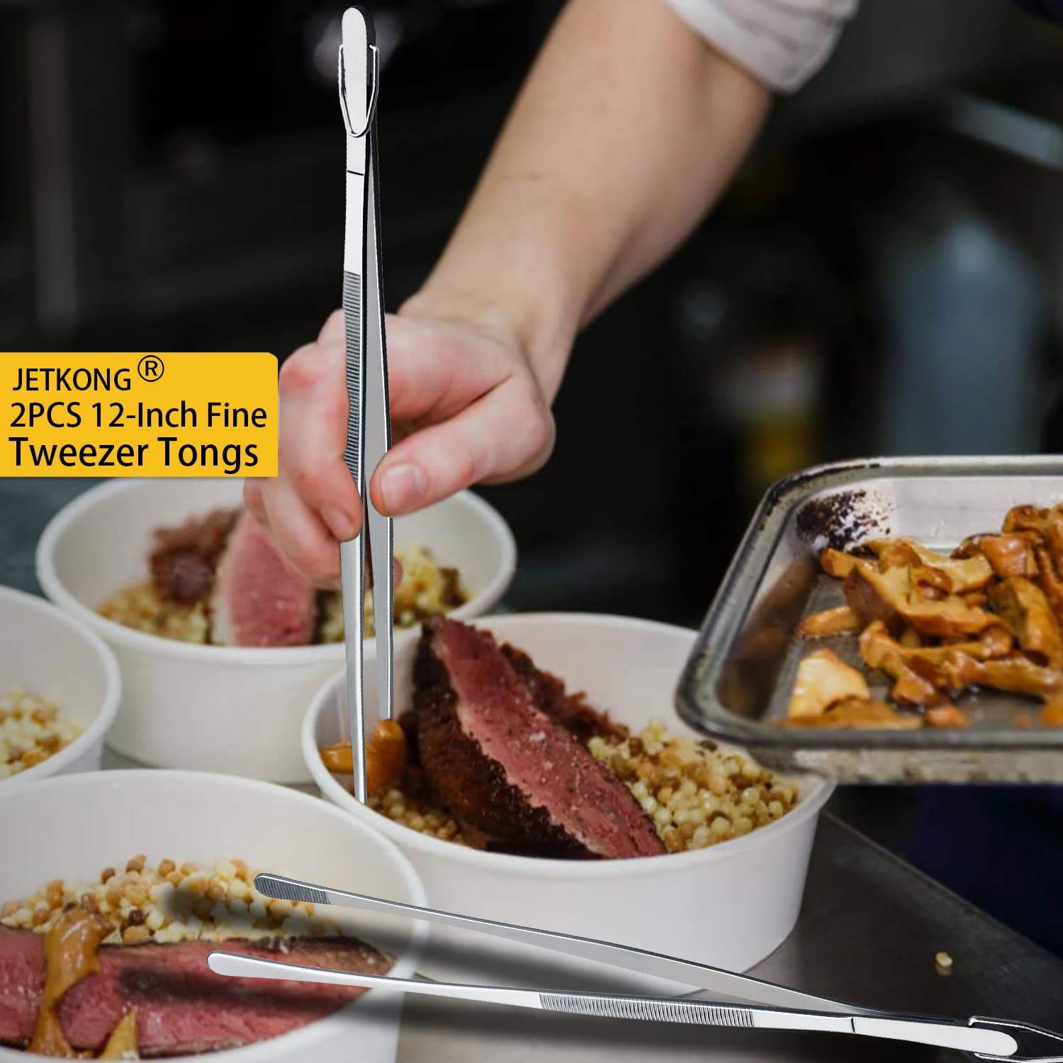 JETKONG extra-long stainless steel tweezers with ergonomic grip.
