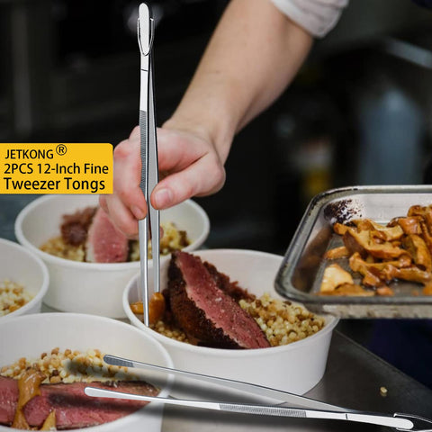 JETKONG extra-long stainless steel tweezers with ergonomic grip.