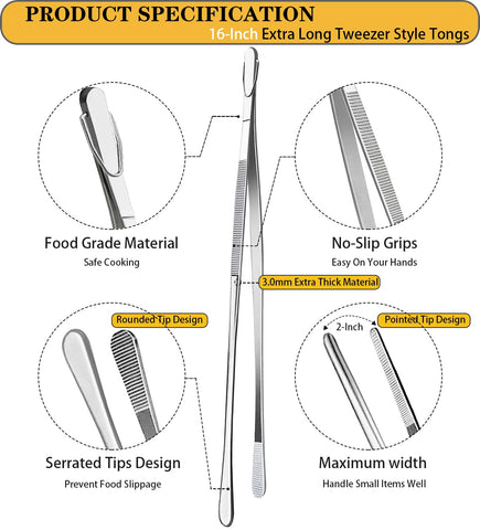 JETKONG extra-long 16-inch tweezers keep hands away from heat during cooking.
