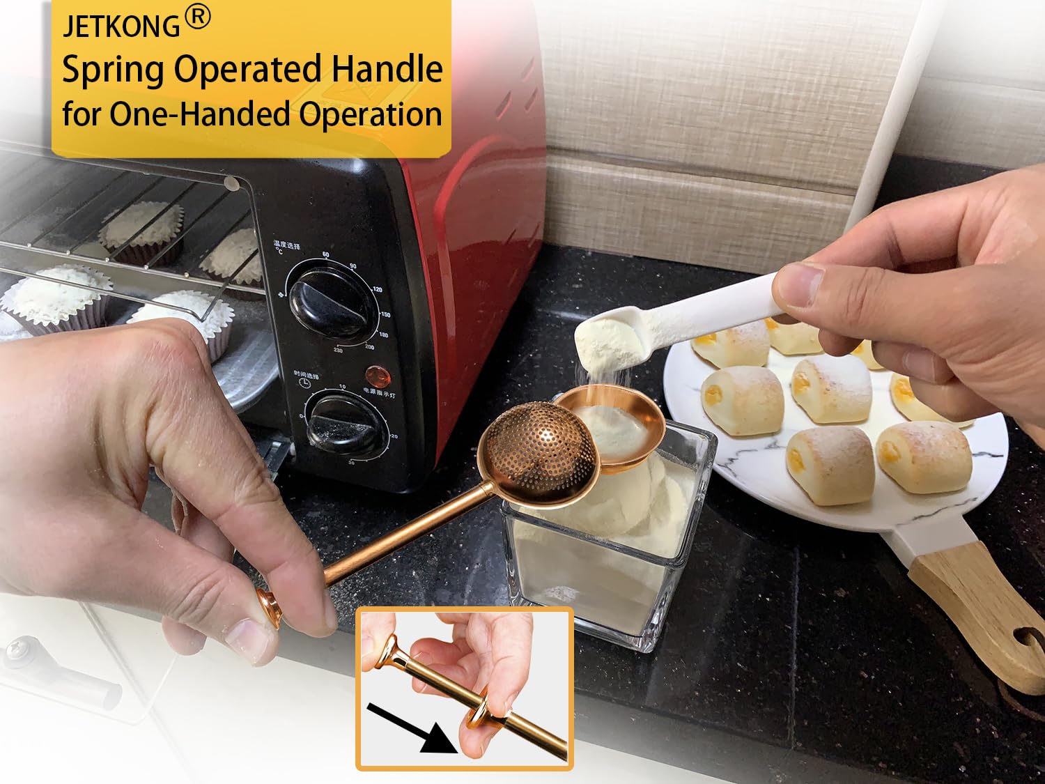 JETKONG flour and spice sifter used to dust toppings on baked bread.