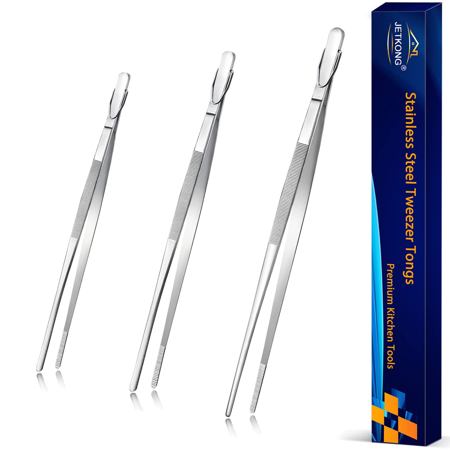 JETKONG food tweezers with 7-inch precision serrated tips for delicate handling.