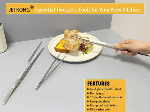 JETKONG grilling tweezers turning meat with a steady grip.