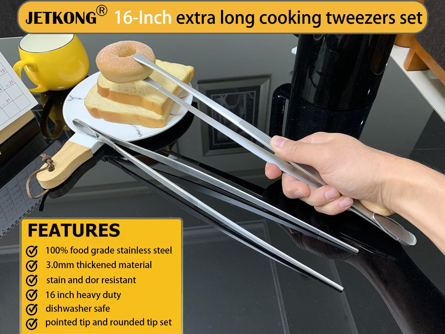 JETKONG heavy-duty stainless steel tweezers provide durable, versatile food handling.