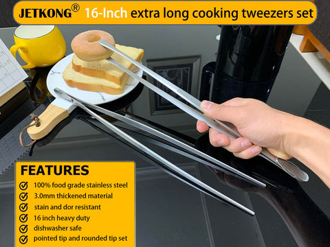 JETKONG heavy-duty stainless steel tweezers provide durable, versatile food handling.