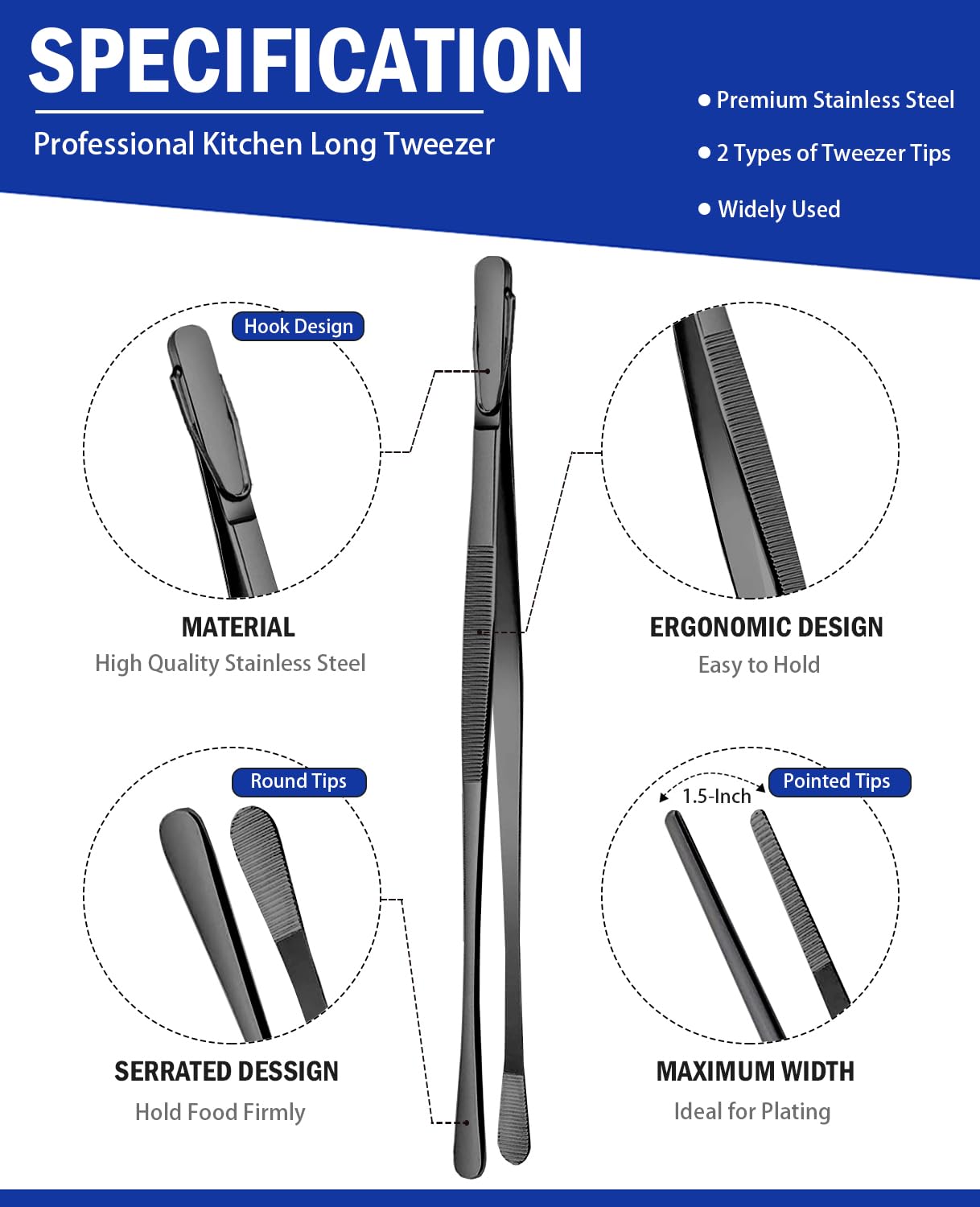 JETKONG kitchen tweezers serrated tips for precise grip