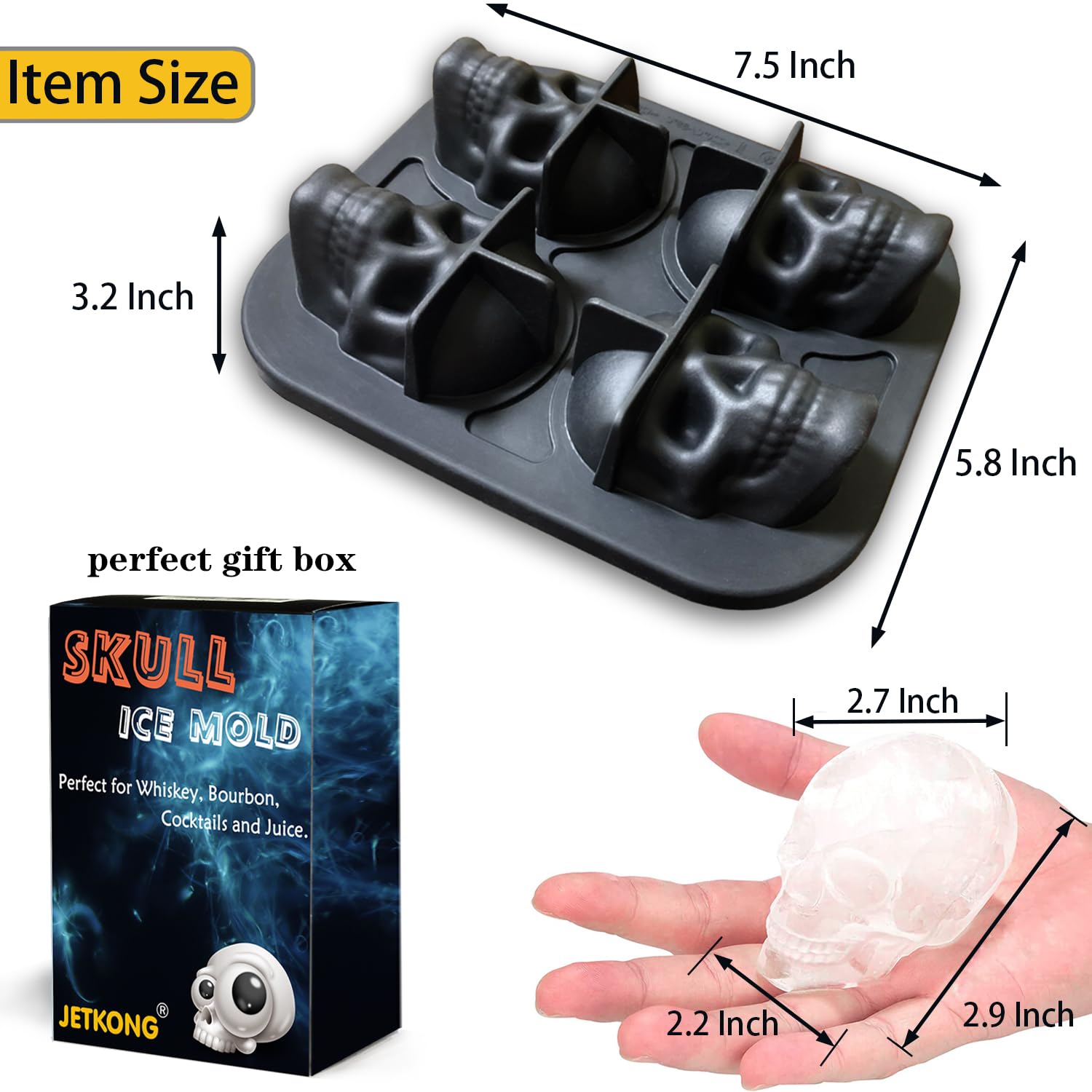 JETKONG silicone skull mold; easy release after freezing.