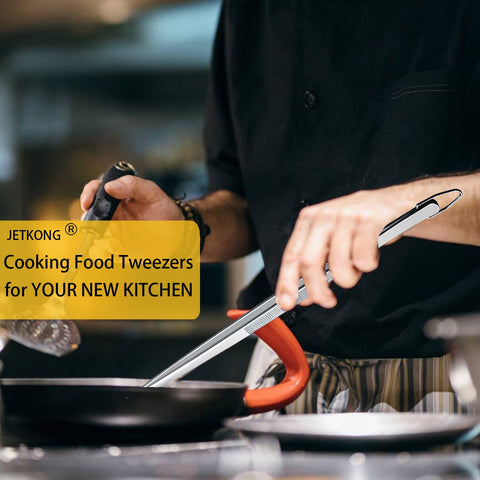 JETKONG silver kitchen tweezers with a comfortable ergonomic handle.