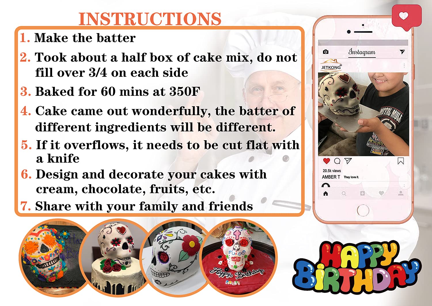 JETKONG skull cake pan mousse maker supports creative fillings for spooky treats.