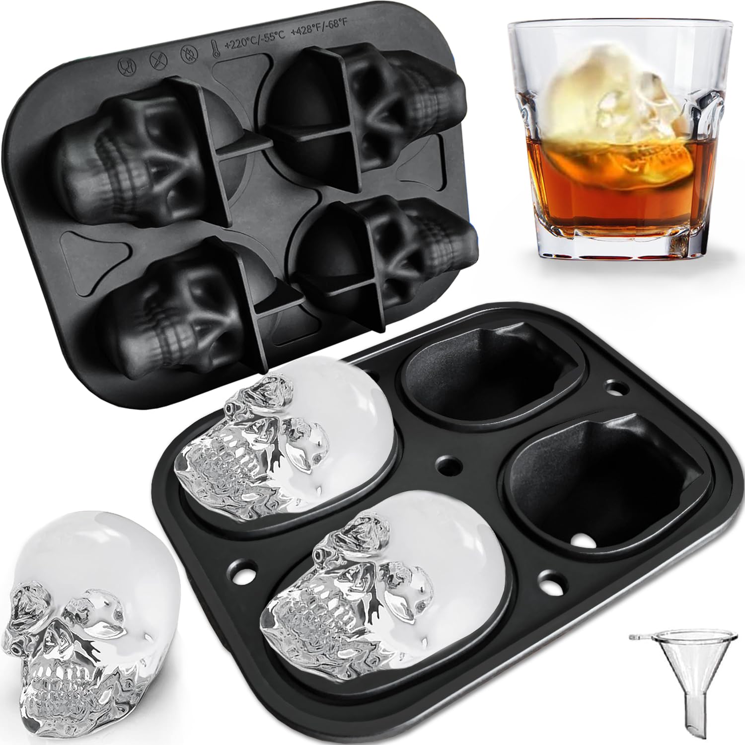 JETKONG skull ice mold four cavities for bold whiskey cubes.