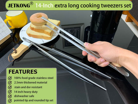 JETKONG stainless steel kitchen tweezers resist rust and clean easily.