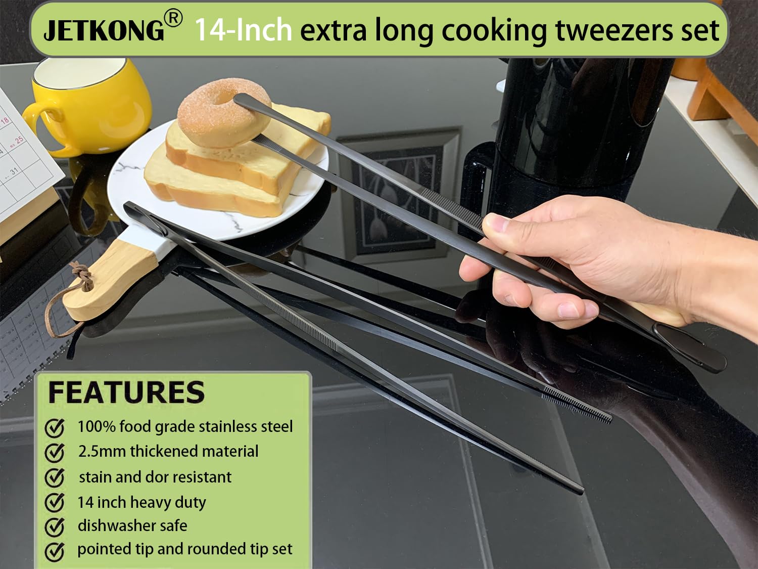 JETKONG tweezers with blunt tip for safe food grip.