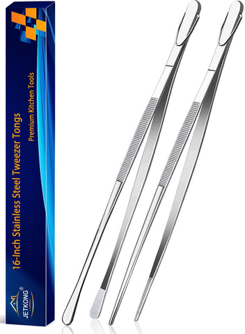 JETKONG two-pack 16-inch kitchen tweezers for precise grip and food handling.