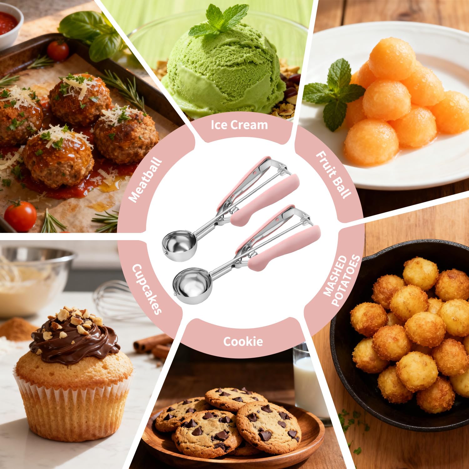 JETONN versatile scooping duo for cookies, cupcakes, meatballs, and melon.