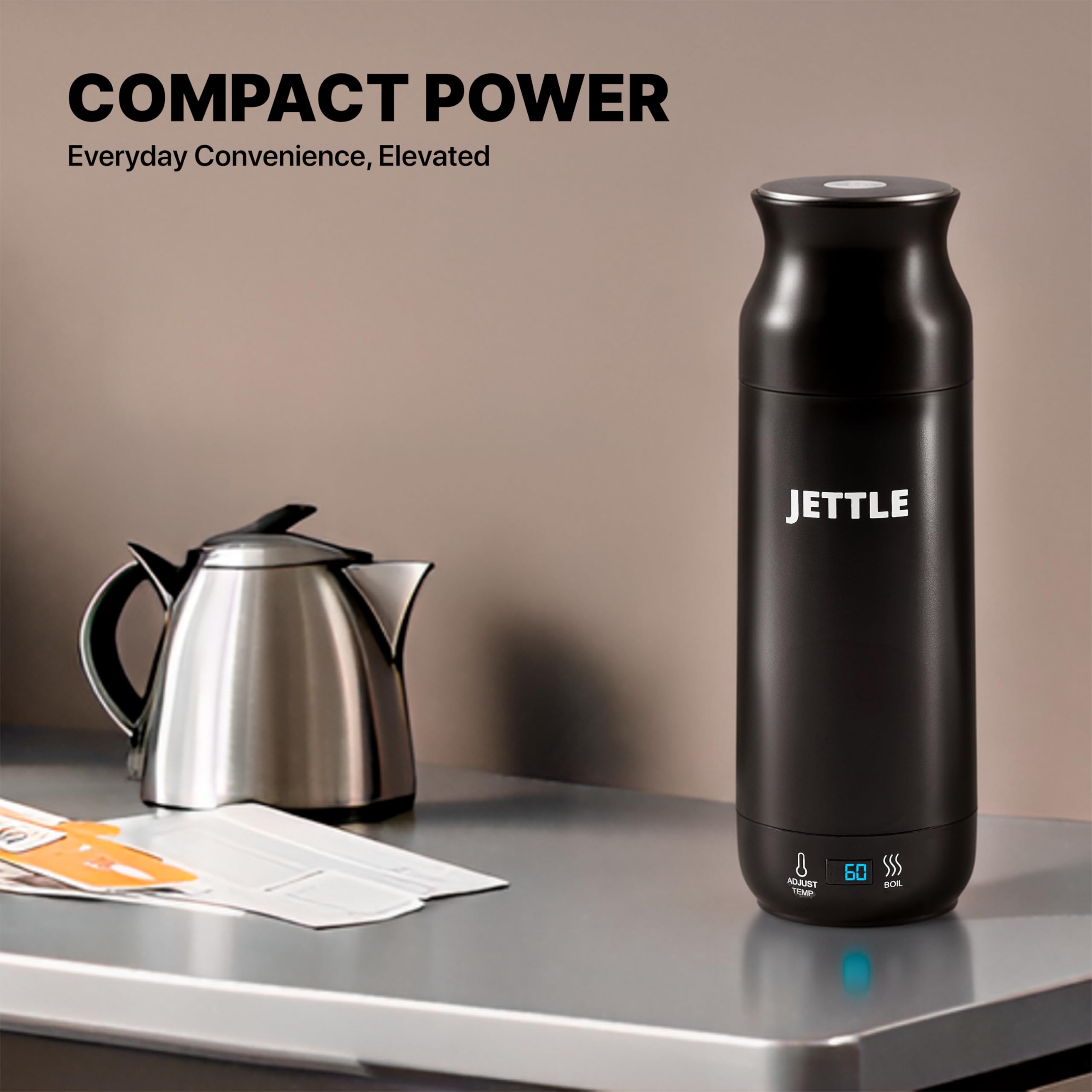 Jettle travel kettle auto-off indicator provides safe, hands-free boiling.