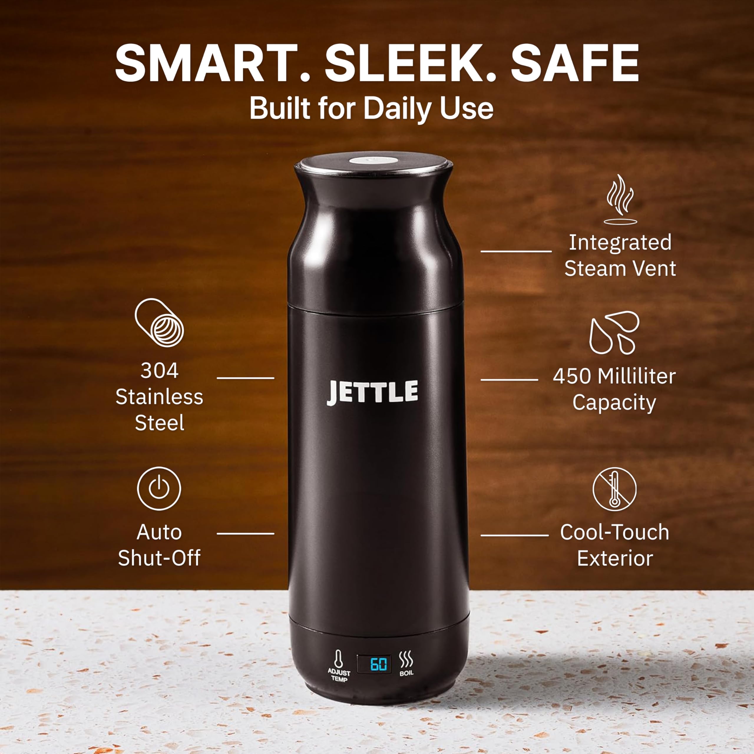 Jettle travel kettle compact size fits luggage or backpack for easy transport.